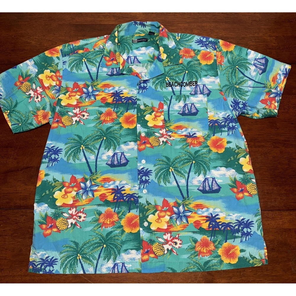 Blue Generation Shirt Men's Size L Button-Front Hawaiian Beachcomber Boats